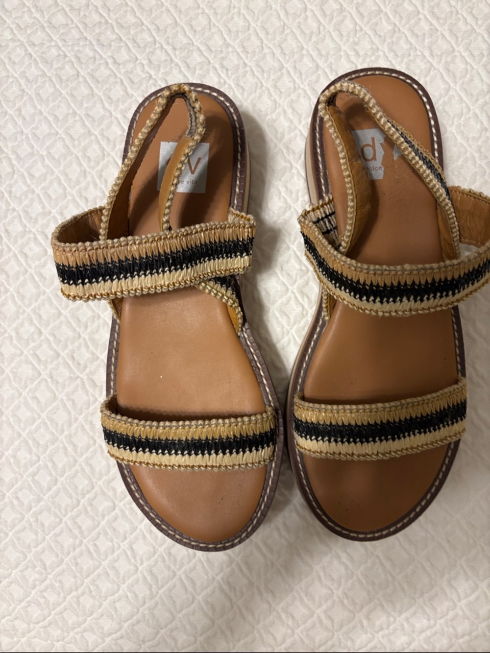 Women’s Tan and Black Woven Strap Sandals